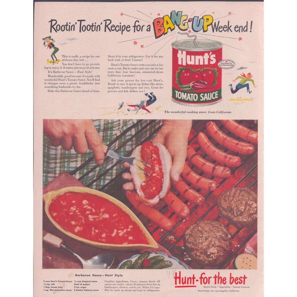 Vintage Hunts Tomato Sauce Print Ad Rootin Tootin Barbecue Recipe 1950s VG